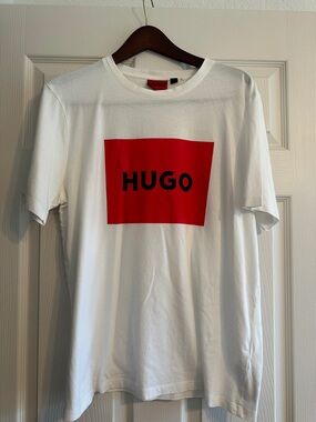 HUGO White Short-Sleeve Tee with Red Logo Box